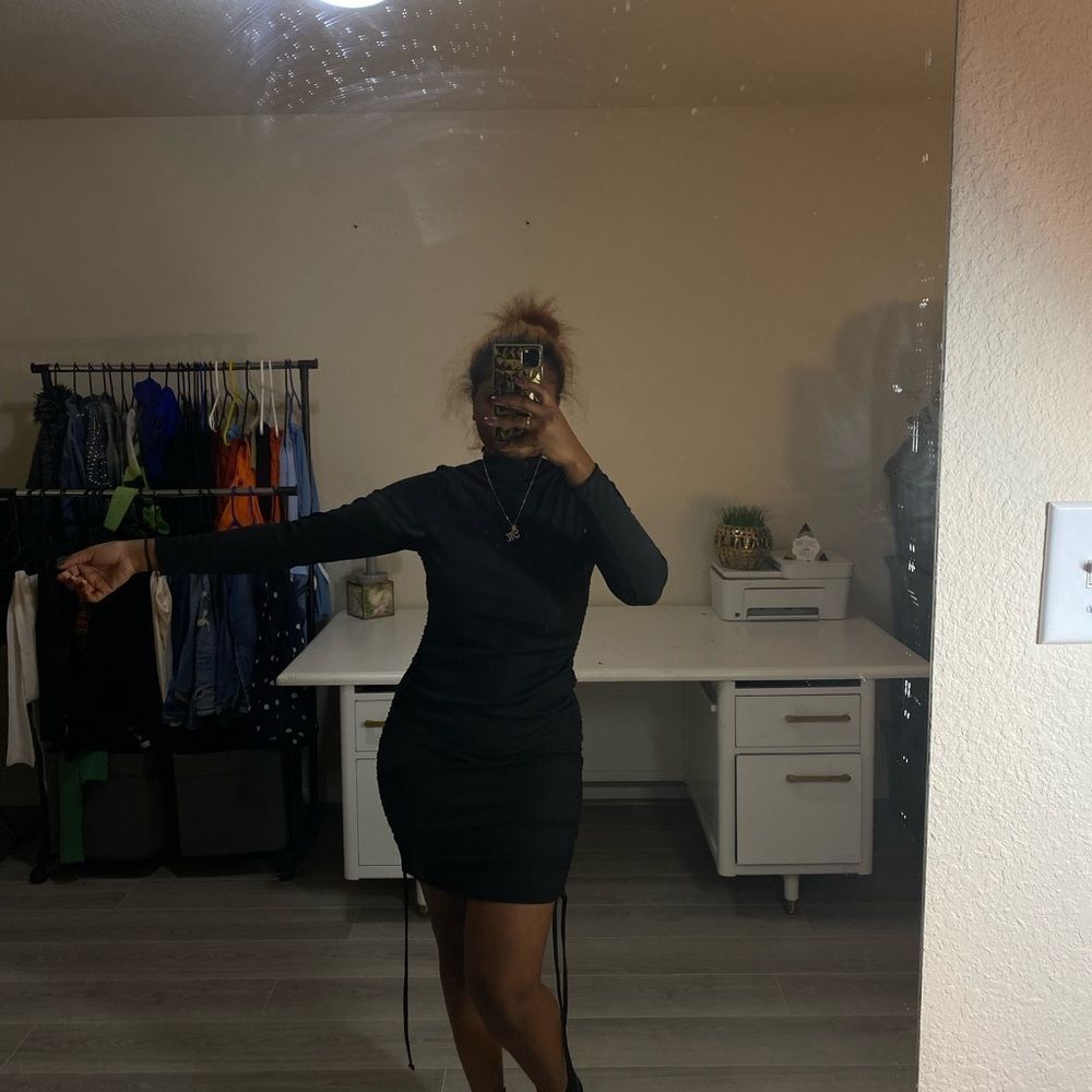 LONGSLEEVE NECK HIGH BODYCON SIDE RUFFLE MINI LITTLE BLACK DRESS